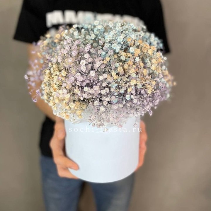 9 Радужных гипсофил в шляпной коробке в Северодвинске