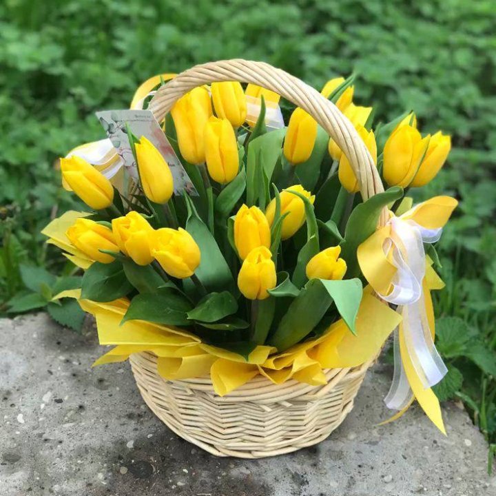 25 желтых тюльпанов в корзине в Северодвинске